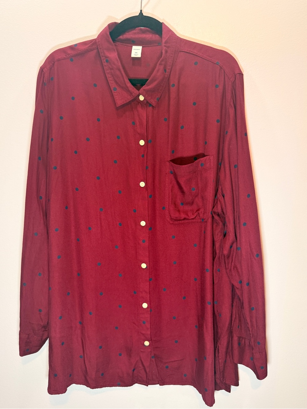 Old Navy Men's Burgundy Button-Down Shirt with Navy Dots